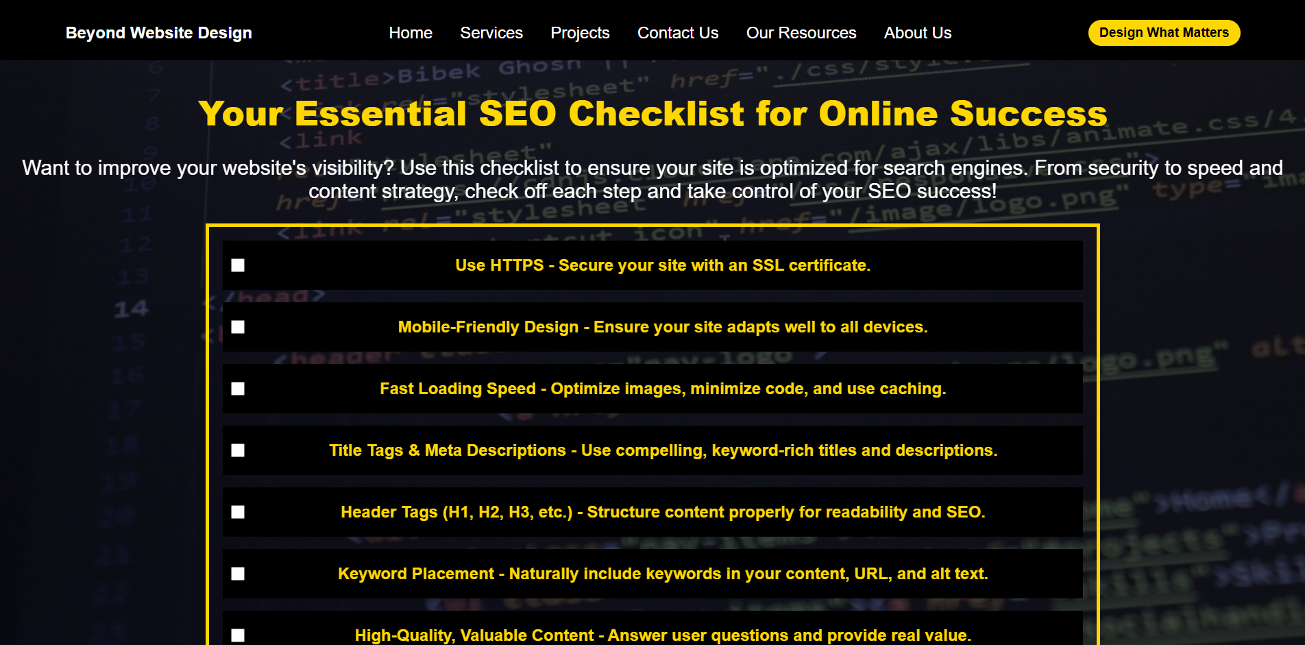 Beyond Website Design SEO Checklist Page